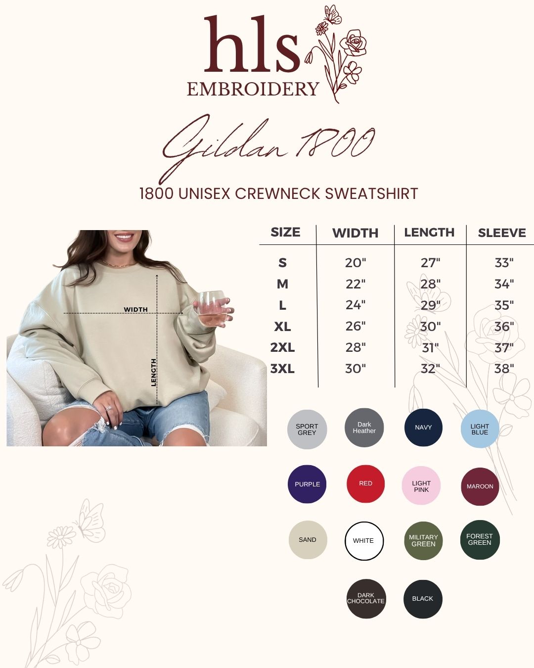 Gildan 1800 unisex crewneck sweatshirt size chart with model and color options.