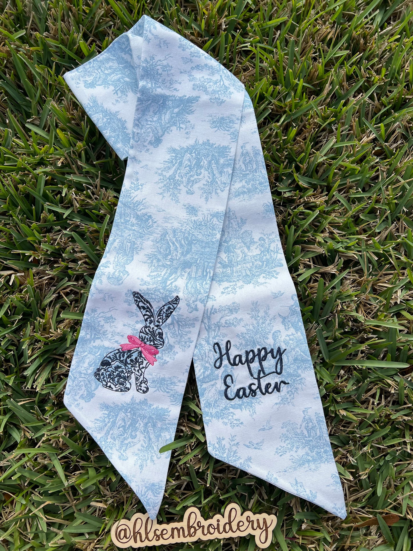 Happy Easter —Blue Toile Bunny Wreath Sash