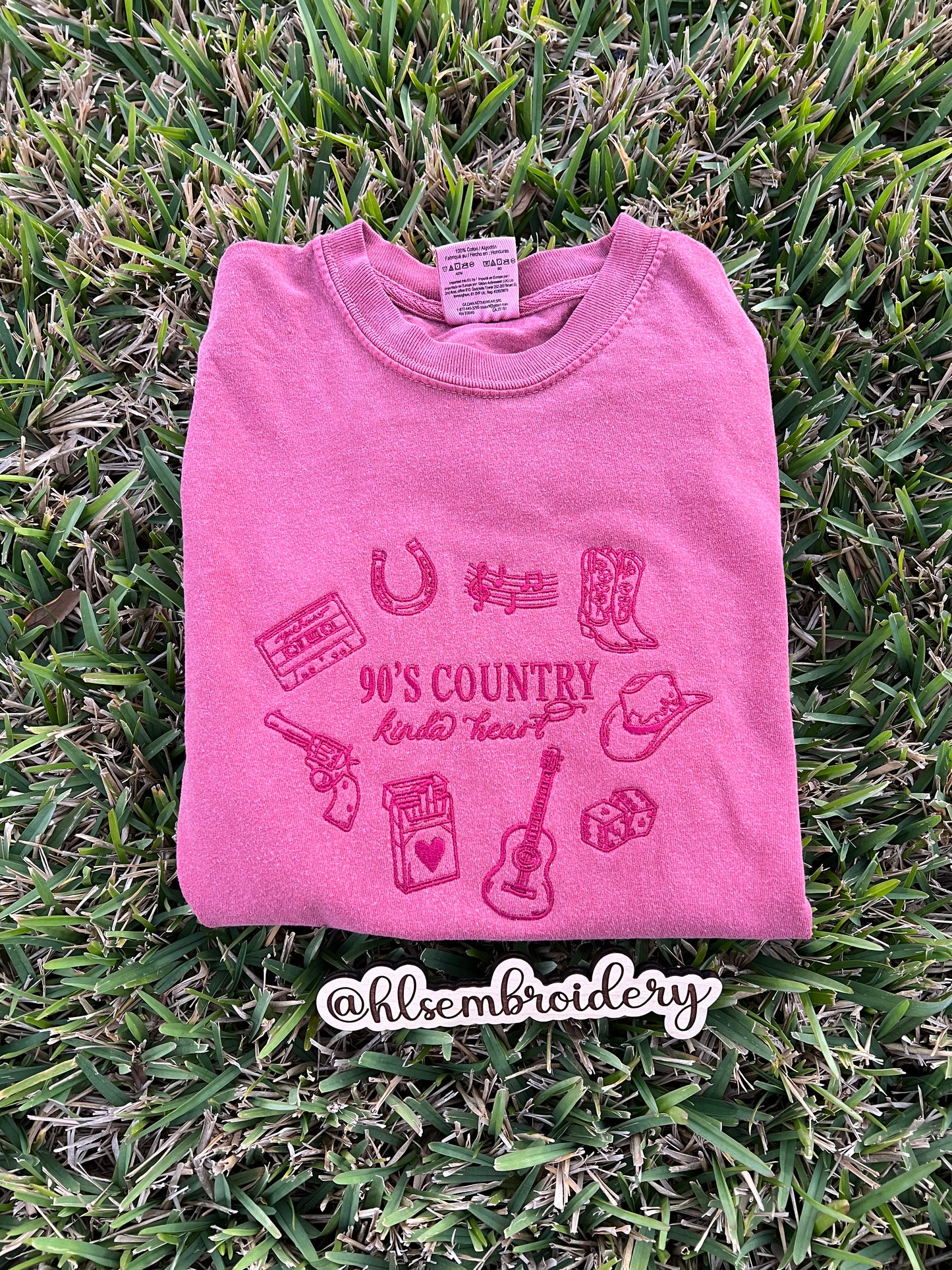 Comfort Colors Crimson Color shirt- with a country design and wording 90's country kinda heart embroidered