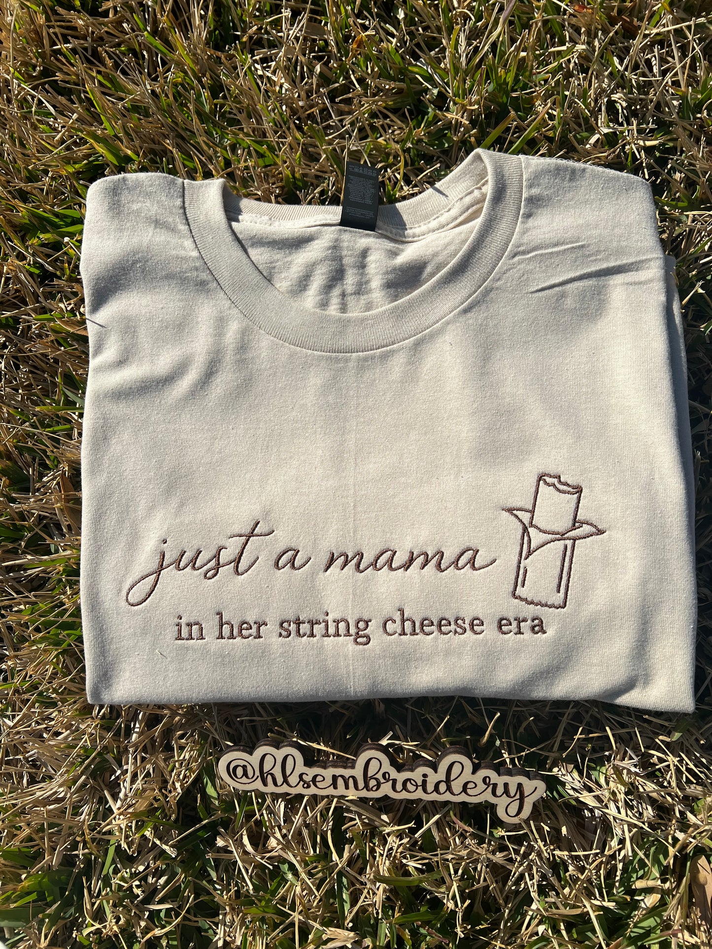 Mama in Her String Cheese Era Embroidered Tee or Crewneck (Ready to Ship)