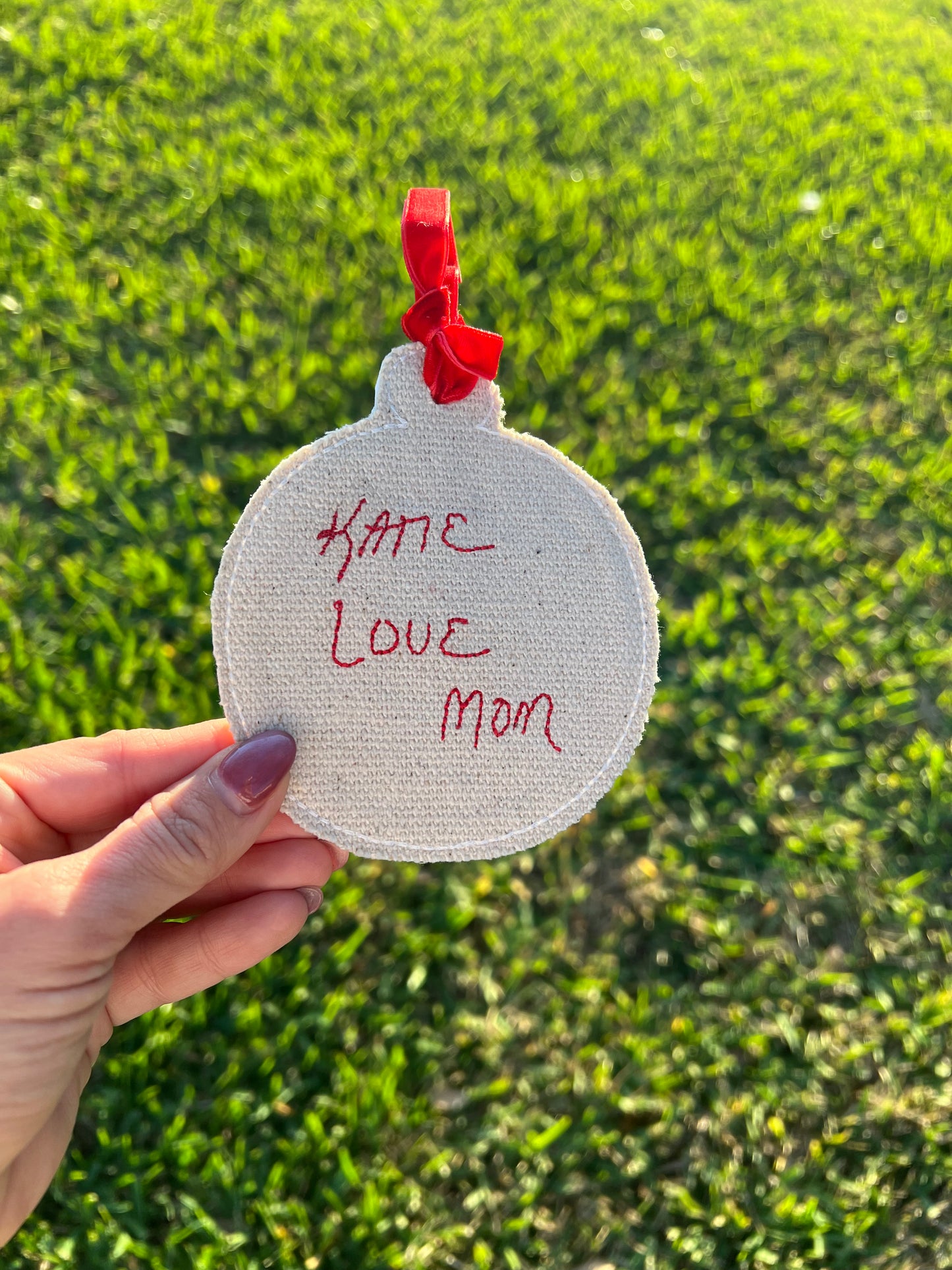 Round fabric ornament with custom handwriting embroidery
