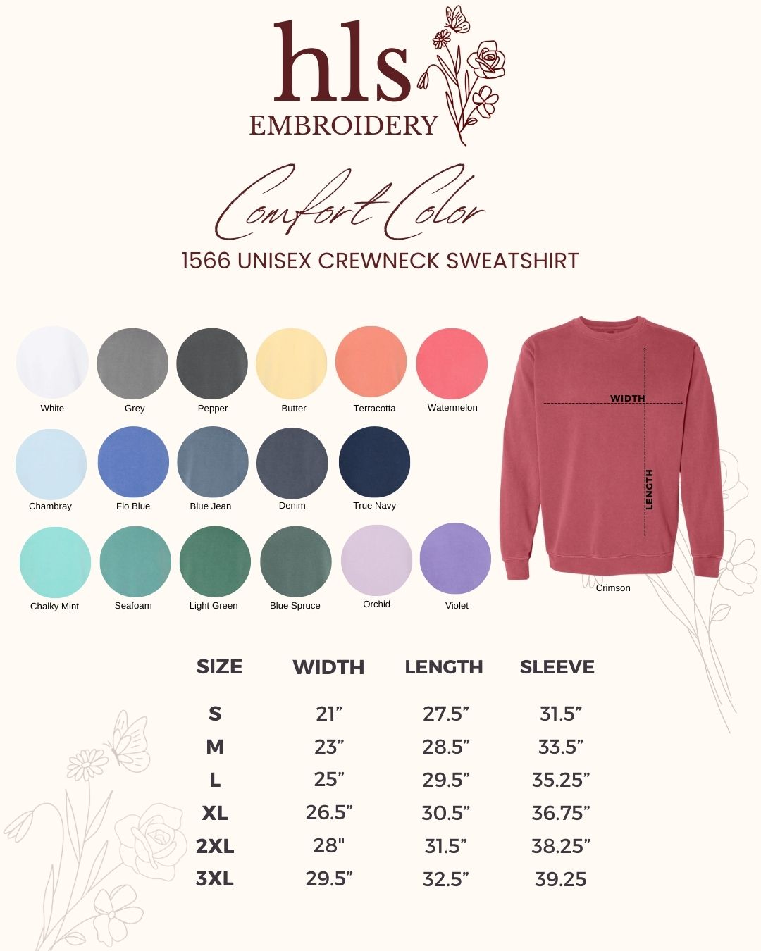 Sweatshirt color swatch with HLS Embroidery branding and size chart.
