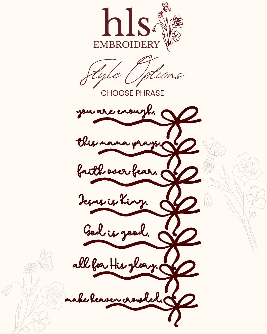 Embroidery design with phrases and decorative elements on a white background