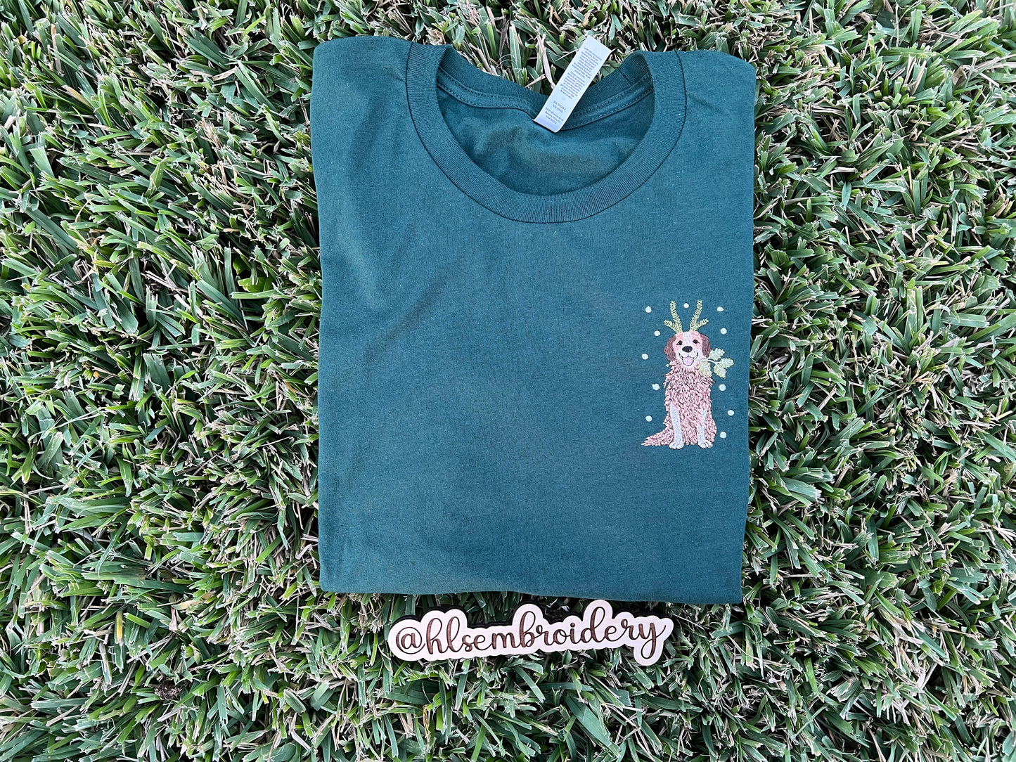 Green Shirt with embroidered dog on the front