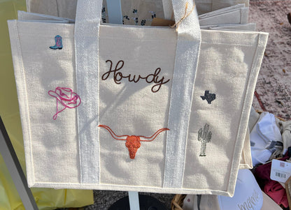 Canvas Tote bag with Howdy wording and icons embroidered on the front
