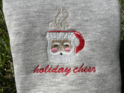 Gray Fabric with Santa mug embroidery with wording "holiday cheer"