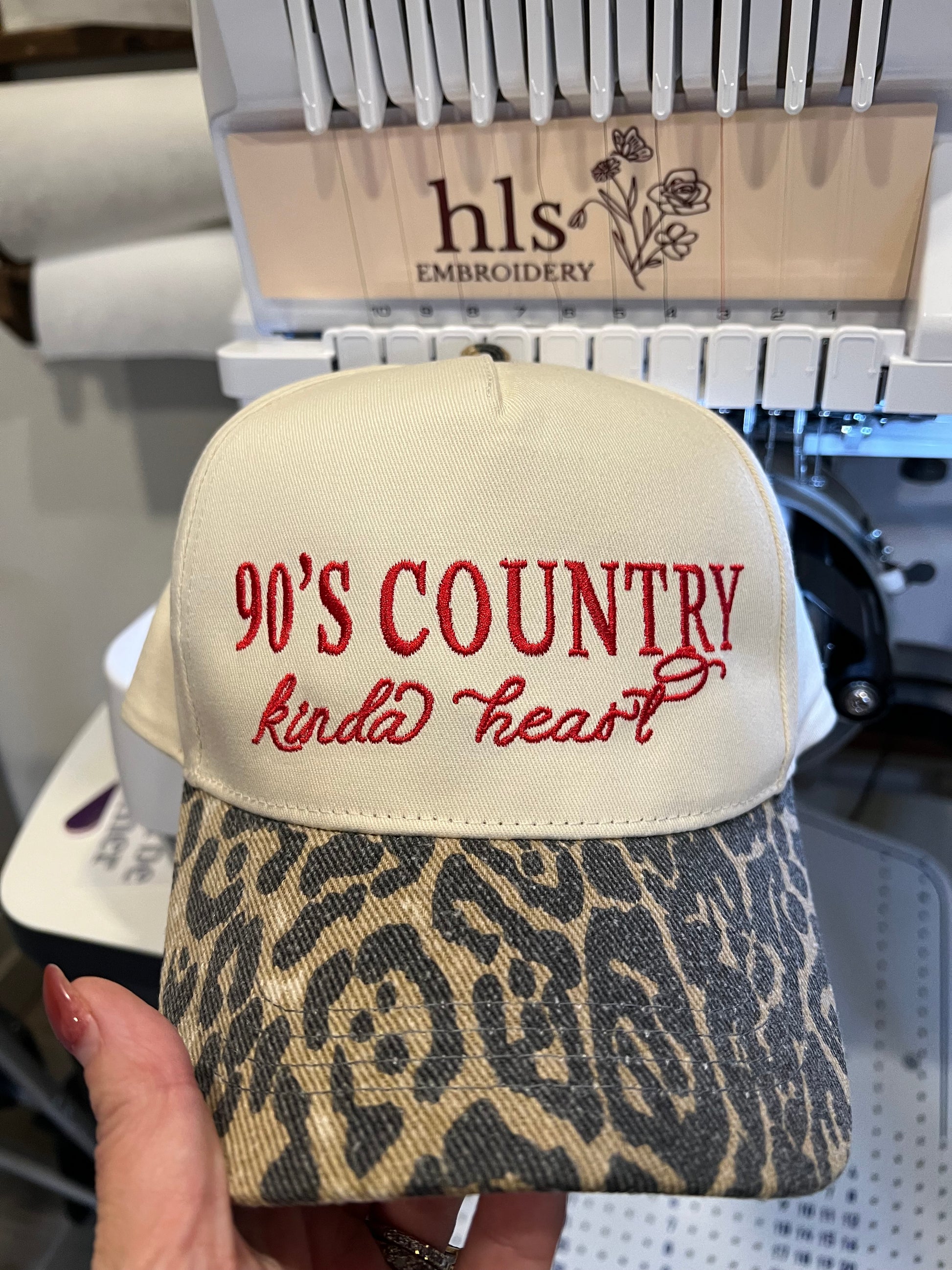  '90's Country Kinda Heart' embroidery with leopard and beige cap