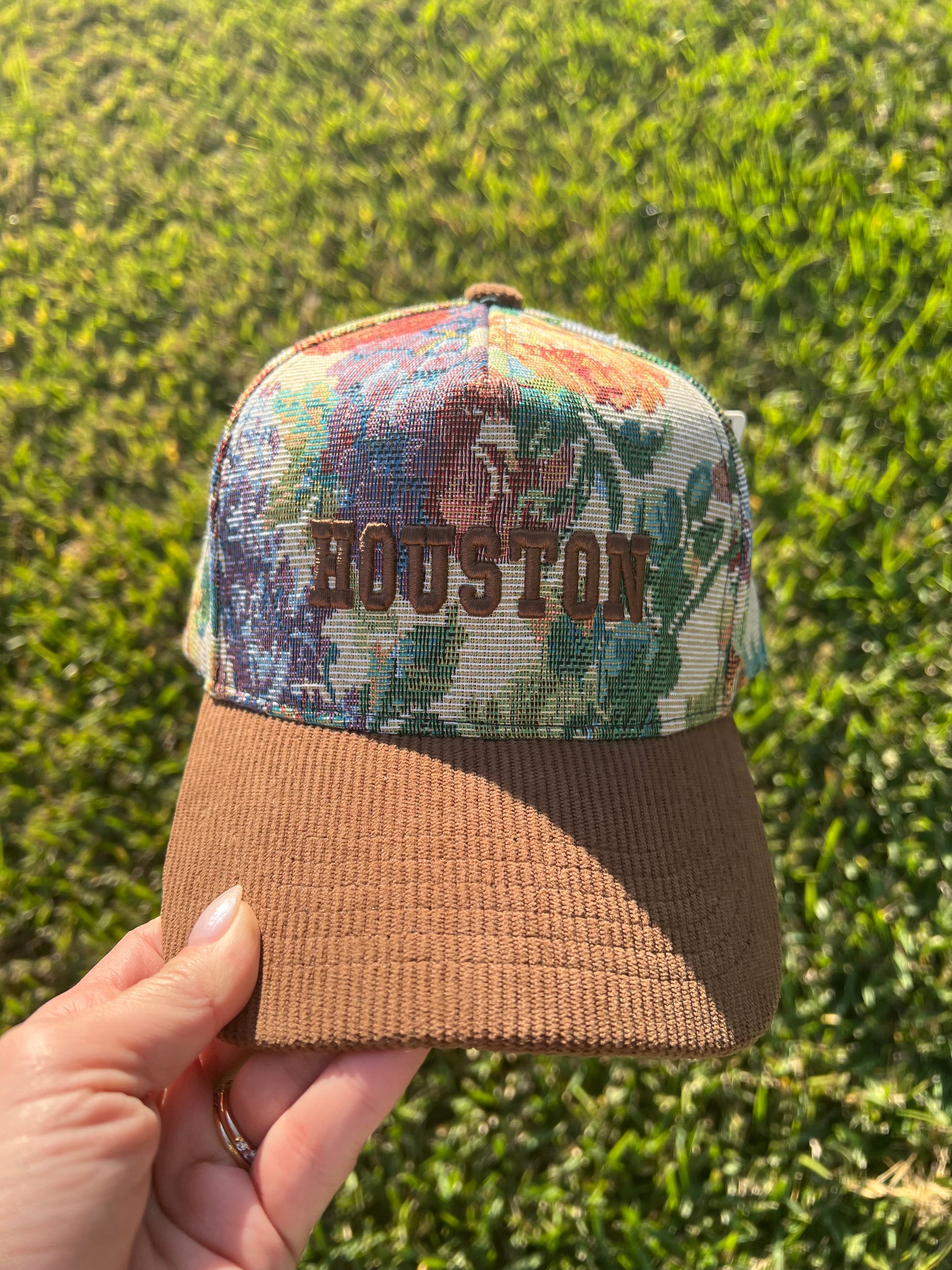 Floral Tapestry cap with brown corduroy cap with the words Houston in  brown puff embroidery 