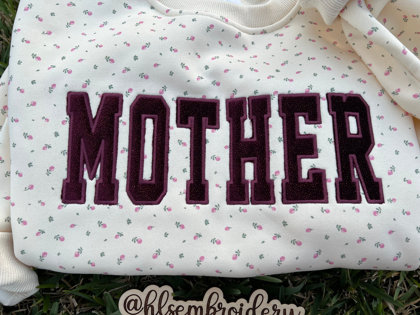 Signature Butter Yellow Floral Crewneck with Mother Embroidery Appliqué and Sparkle Velvet. 