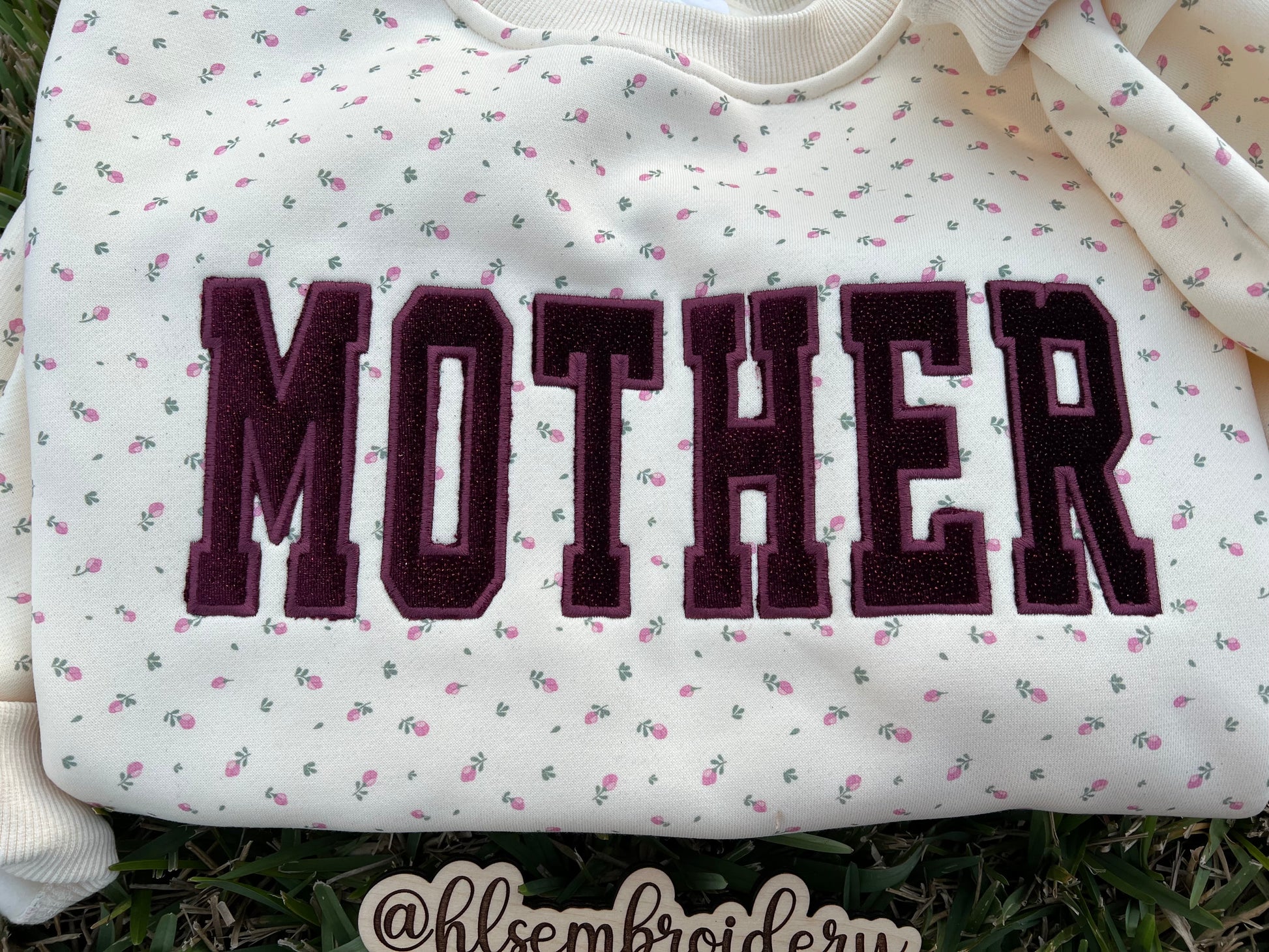 Signature Butter Yellow Floral Crewneck with Mother Embroidery Appliqué and Sparkle Velvet. 
