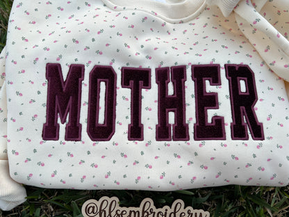 Signature Butter Yellow Floral Crewneck with Mother Embroidery Appliqué and Sparkle Velvet. 