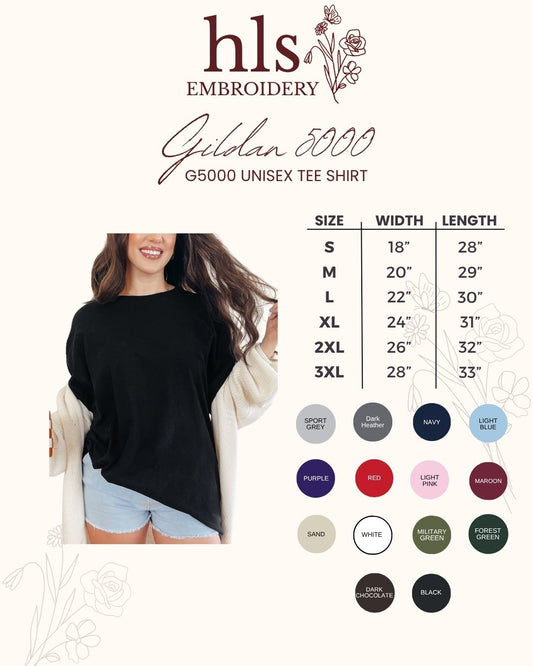 Gildan 5000 unisex tee shirt size chart with model wearing black shirt and color swatches.