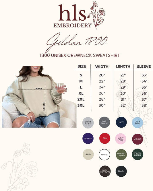 Gildan 1800 unisex crewneck sweatshirt size chart with model and color options.