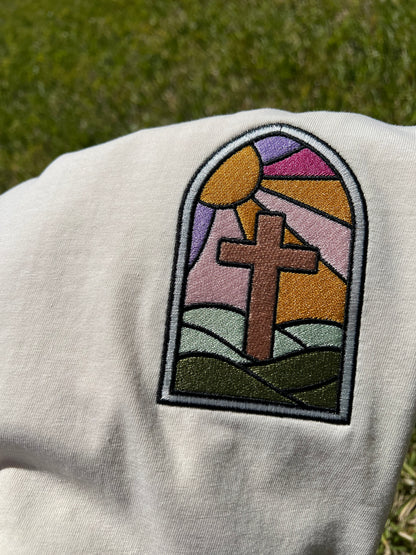 Stained Glass Cross — Embroidered Tee (Ready To Ship)