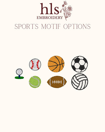 Sports-themed embroidery designs on a white background with 'hls Embroidery' logo.