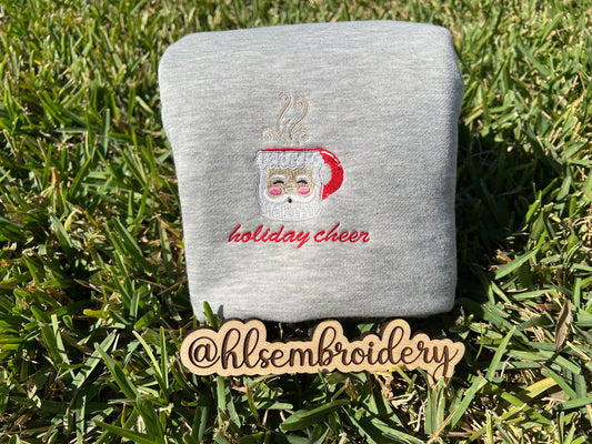 Gray Fabric with Santa mug embroidery with wording "holiday cheer"