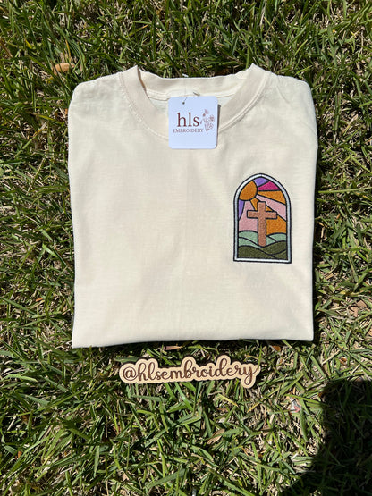 Stained Glass Cross — Embroidered Tee (Ready To Ship)