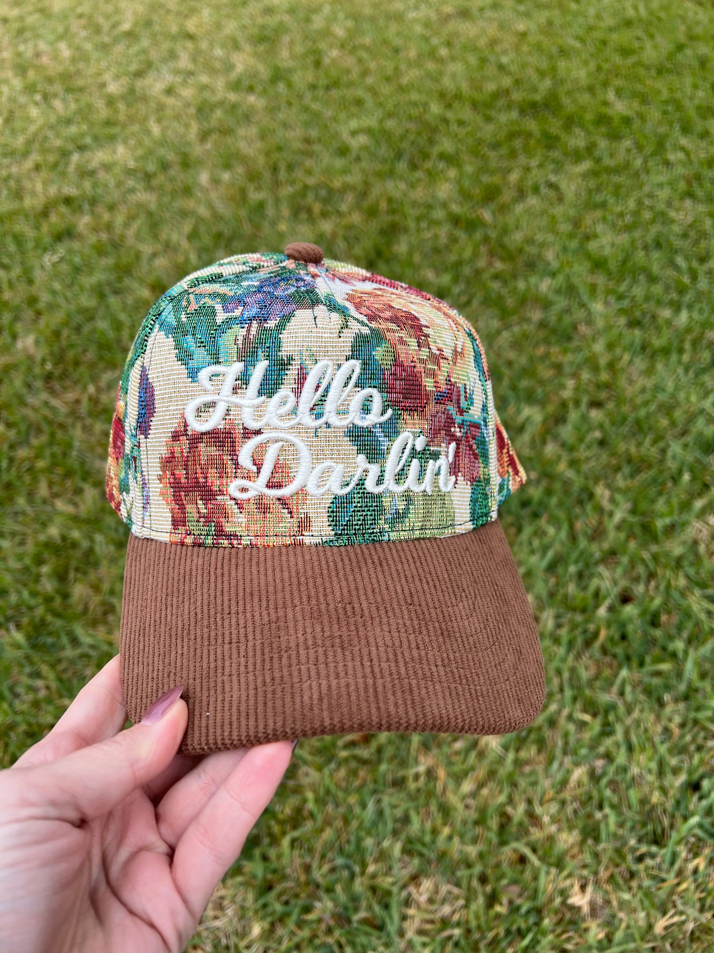 tapestry with corduroy brim hat with custom Hello Darlin Embroidery on the front 