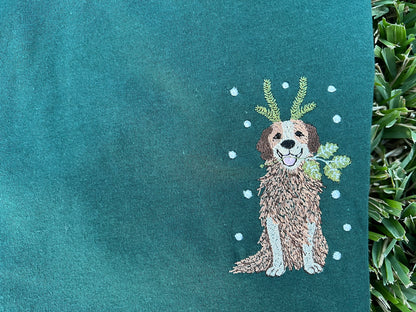 Green Shirt with holiday dog embroidered on the front 