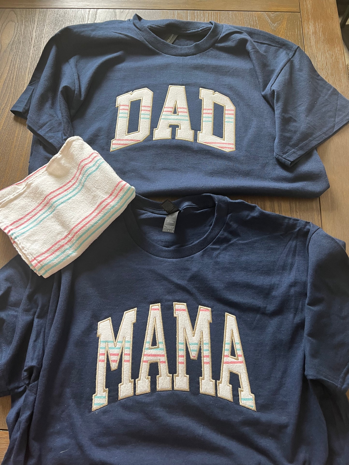 Mama and dad embroidered shirt using baby blanket.