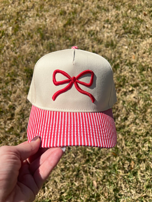 Striped Bow Brim Hats — Pink & Red