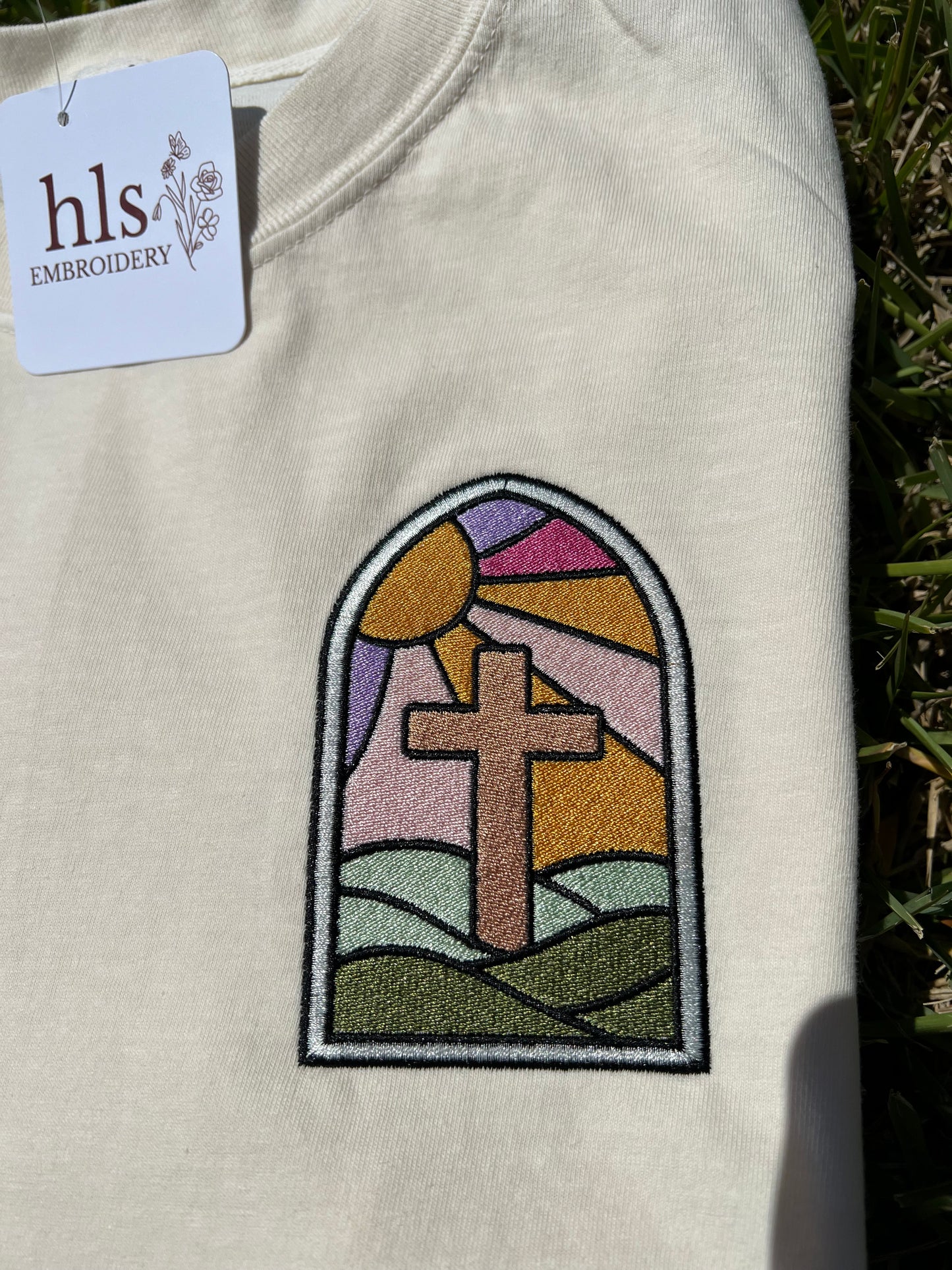 Stained Glass Cross — Embroidered Tee (Ready To Ship)