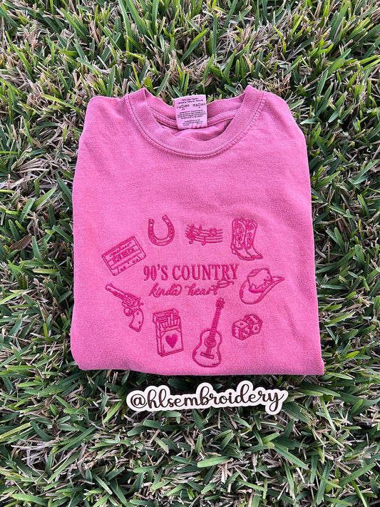 Comfort Colors Crimson Color shirt- with a country design and wording 90's country kinda heart embroidered