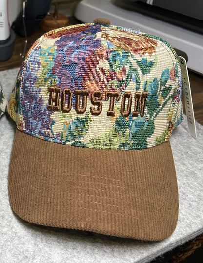 Floral Tapestry cap with brown corduroy cap with the words Houston in  brown puff embroidery 