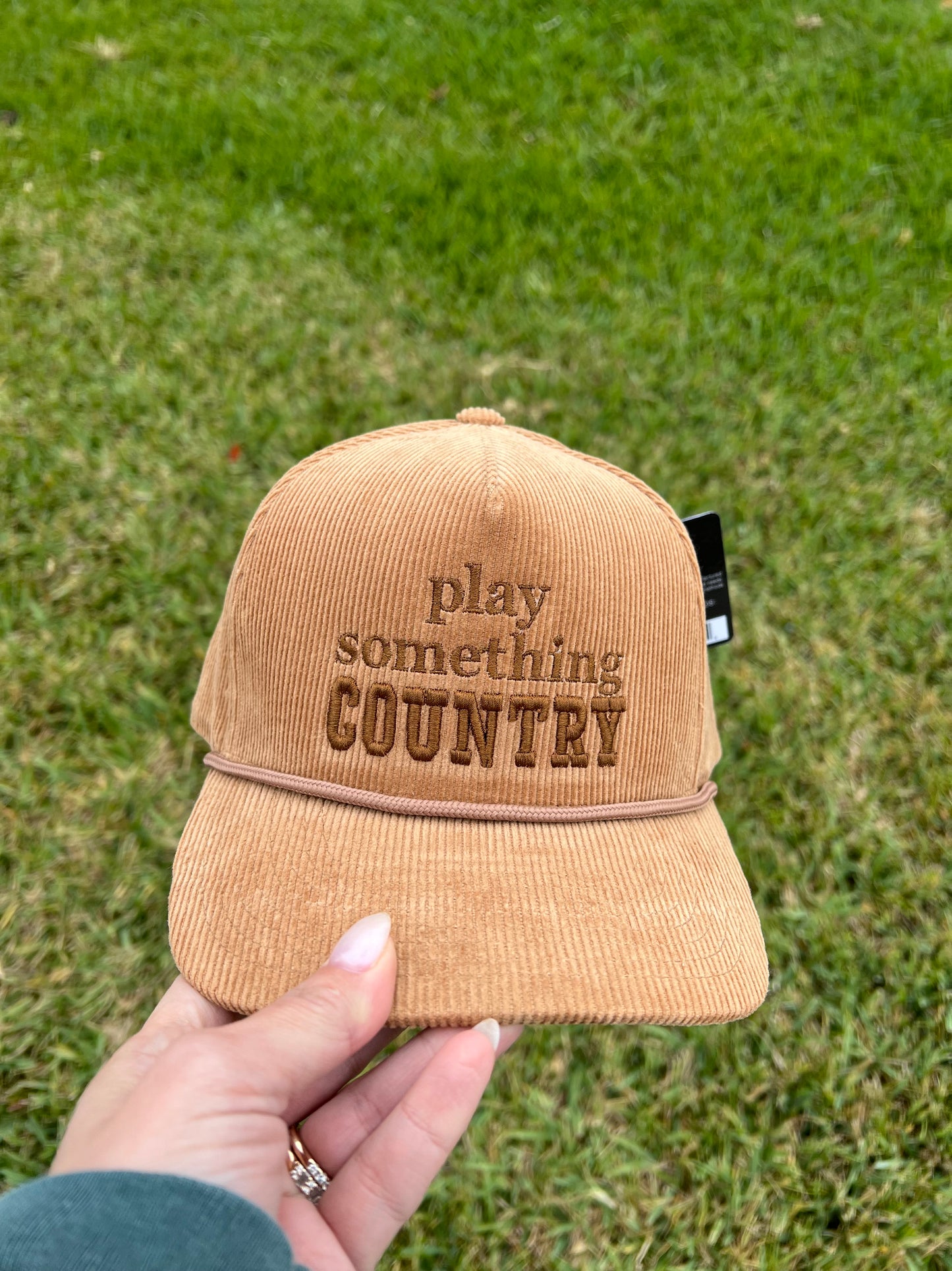 Brown Corduroy  with 'play something country' embroidery