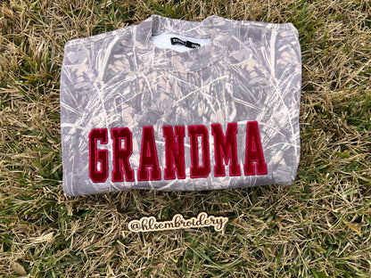 Velvet Appliqué Word — Camo Crewneck