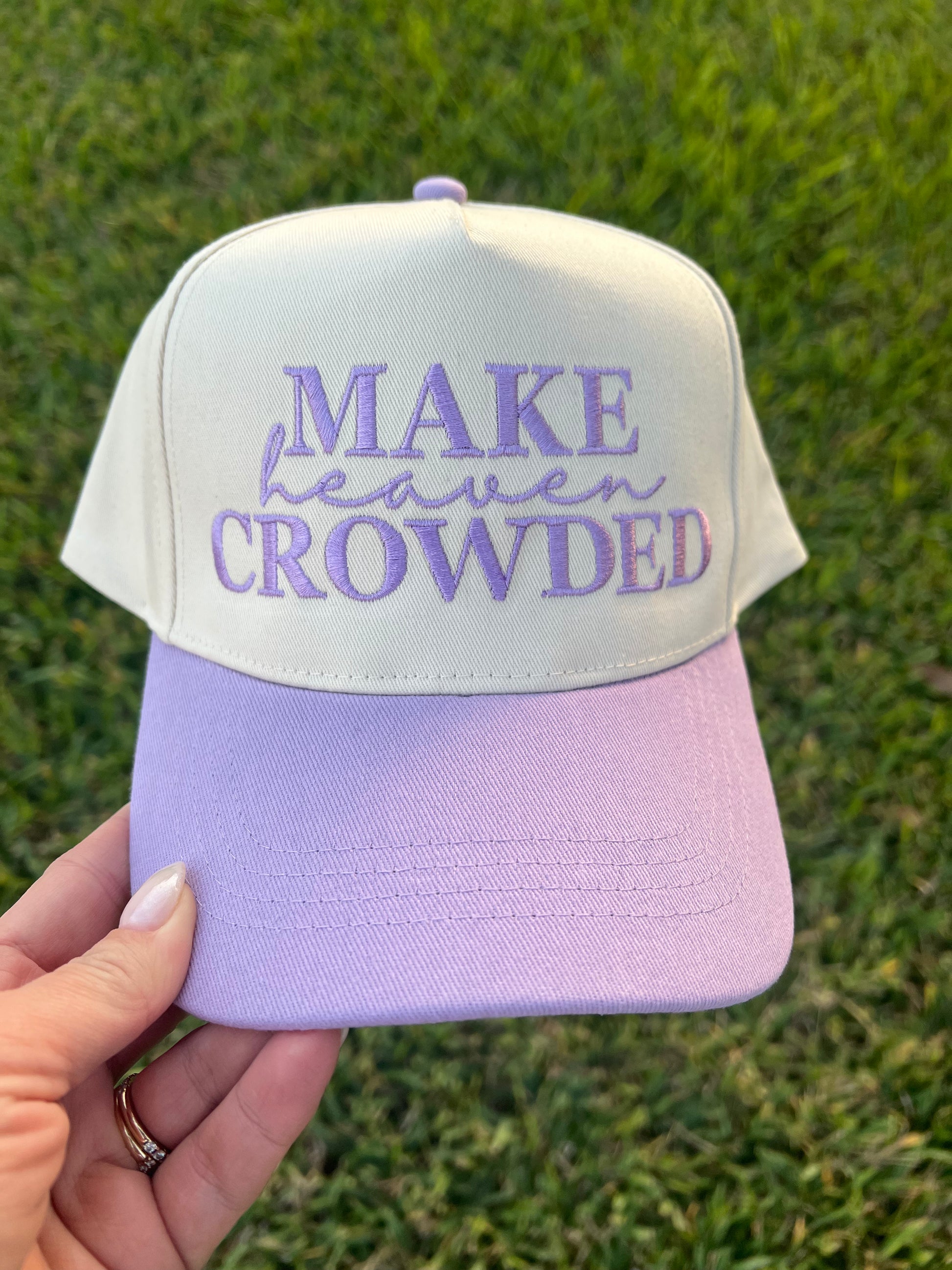 beige and lavender Cap with 'MAKE heaven CROWDED' text embroidery on front