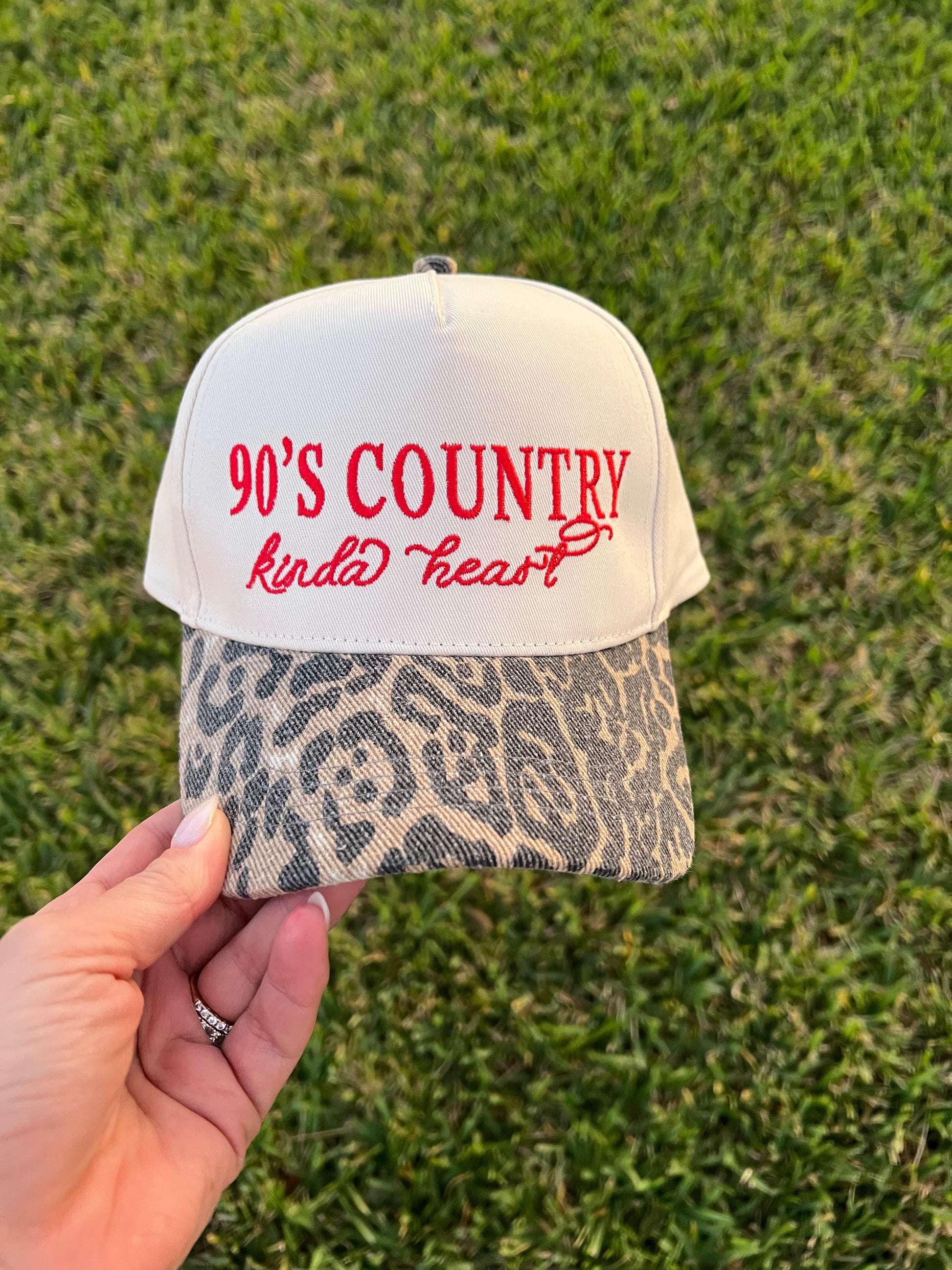  '90's Country Kinda Heart' embroidery with leopard and beige cap