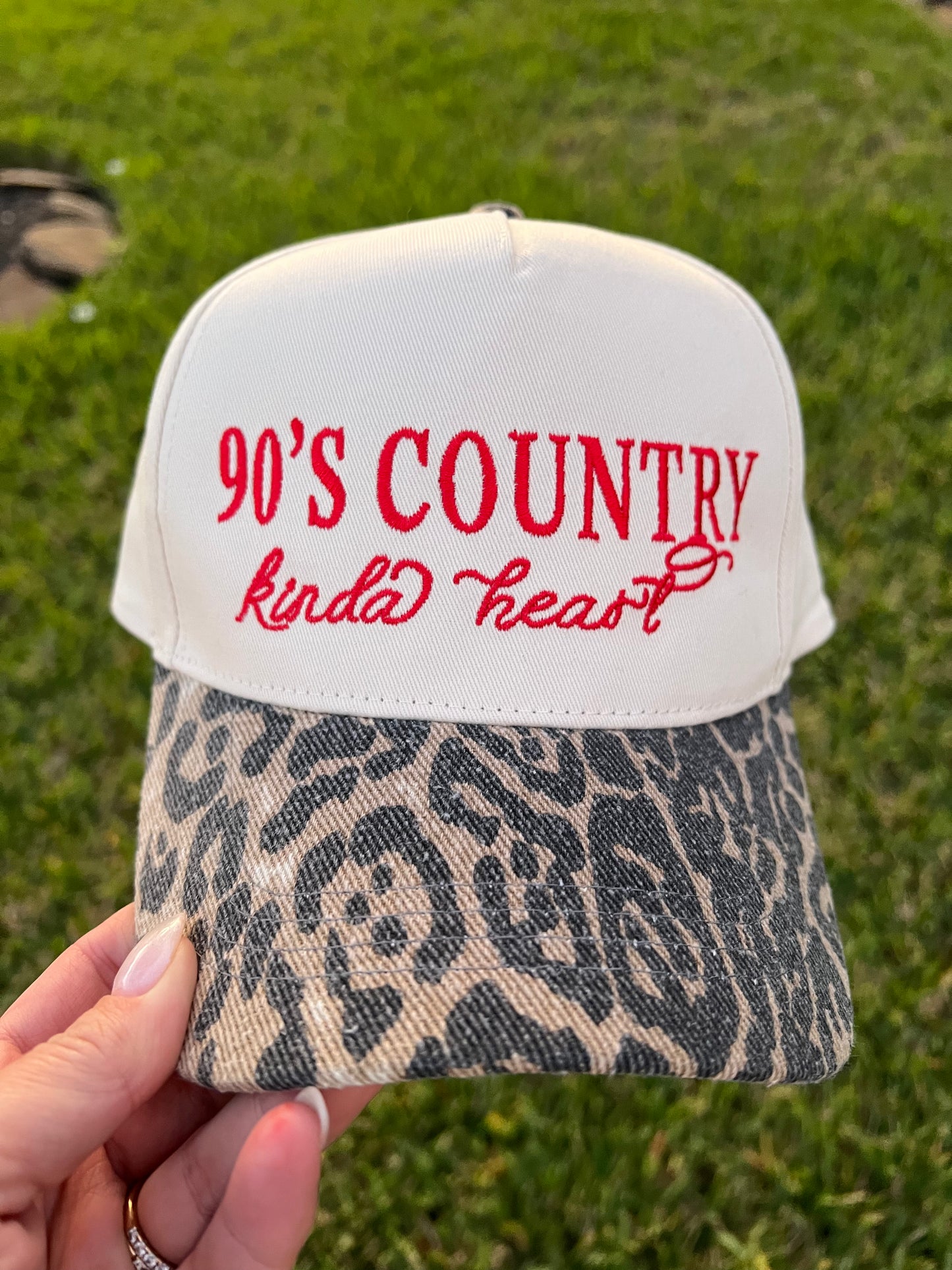  '90's Country Kinda Heart' embroidery with leopard and beige cap