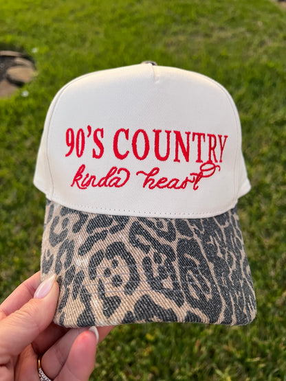  '90's Country Kinda Heart' embroidery with leopard and beige cap