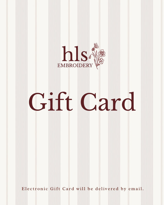 Gift card with 'hlsembroidery' logo on a striped background