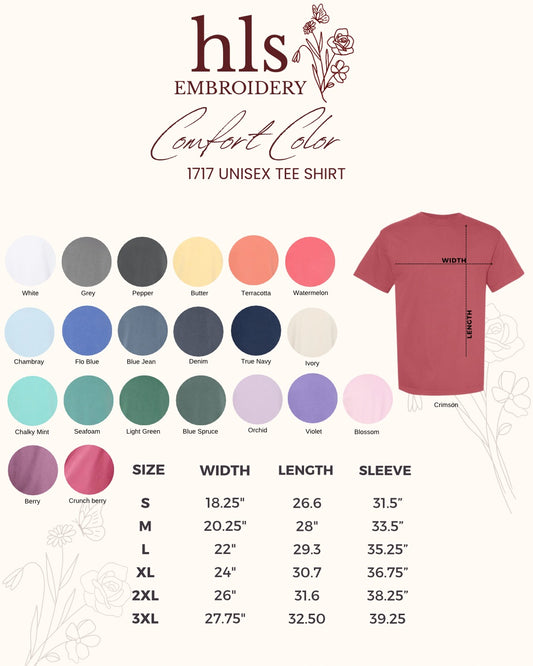 Comfort Color t-shirt color chart with size dimensions and HLS Embroidery branding.