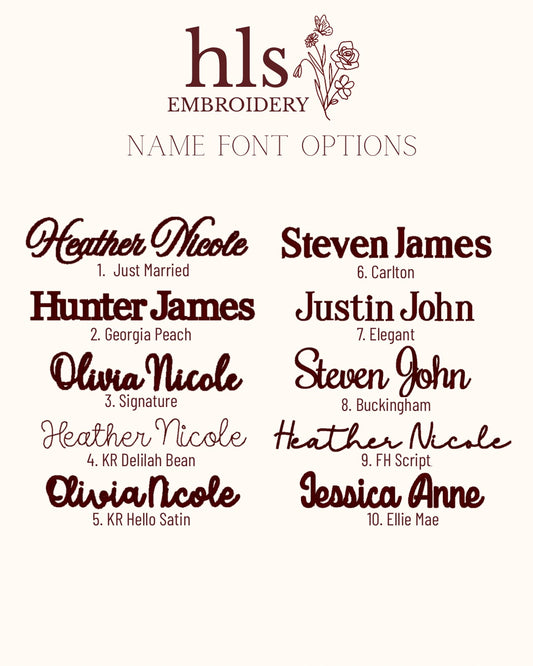 Embroidery name font options displayed on a white background with 'hls embroidery' branding.