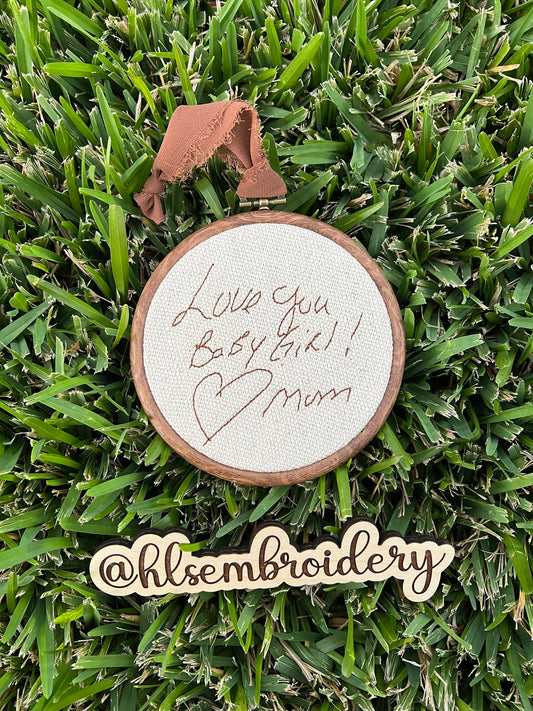 Embroidered hoop with custom handwriting embroidery 