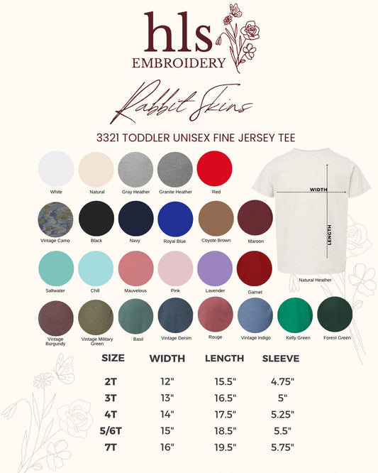Color swatch chart for a toddler unisex fine jersey tee with size and measurement information.