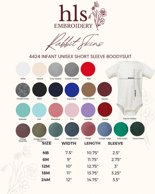 Color swatch chart for infant unisex short sleeve bodysuit with size and measurement details.