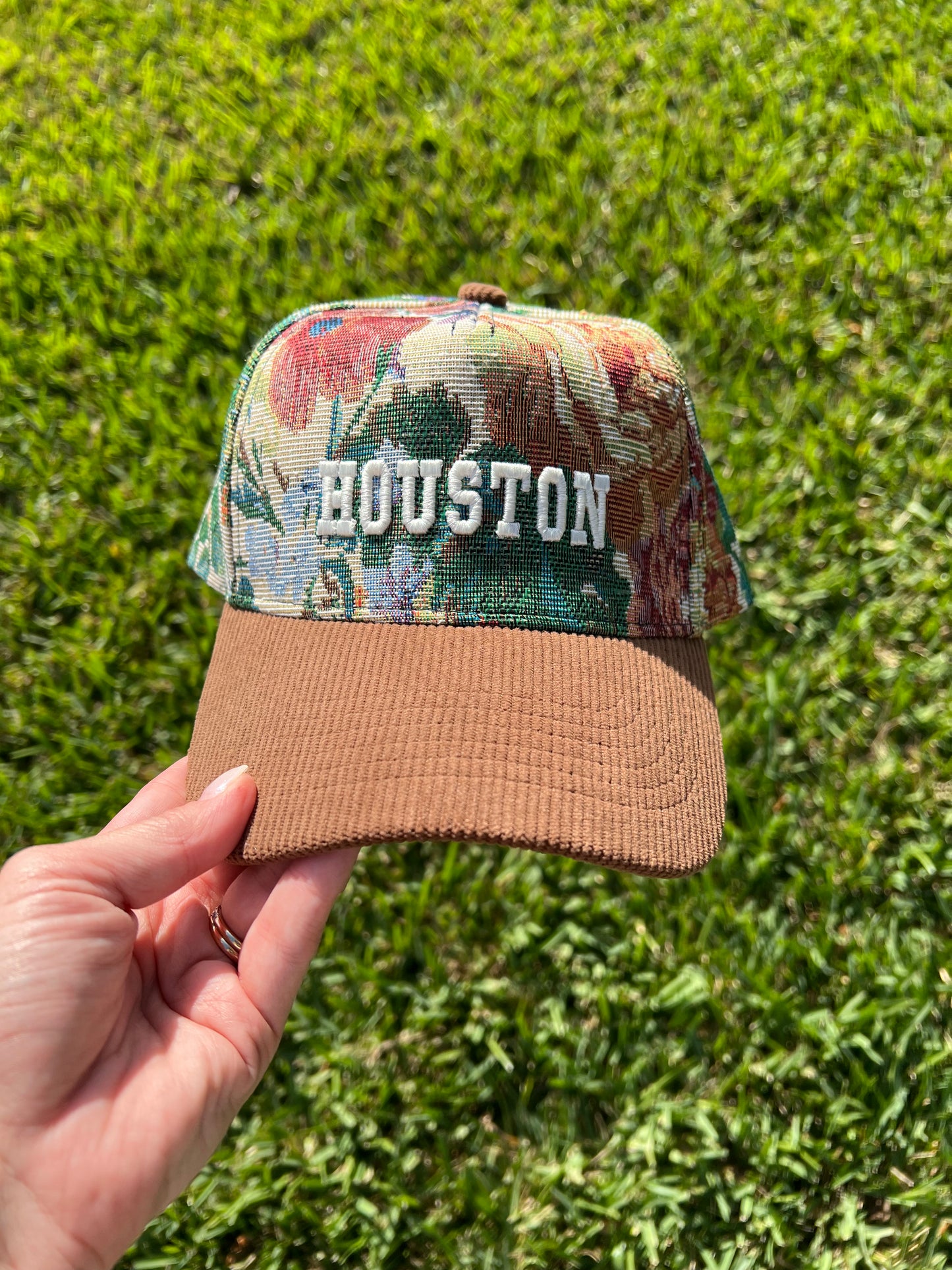 Floral Tapestry cap with brown corduroy cap with the words Houston in  white puff embroidery 