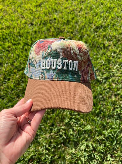 Floral Tapestry cap with brown corduroy cap with the words Houston in  white puff embroidery 