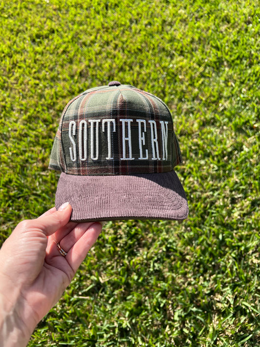 Green and Brown with brown corduroy brim with the word Southern embroidered on the front 