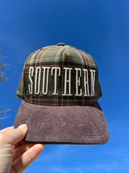 Green and Brown with brown corduroy brim with the word Southern embroidered on the front 