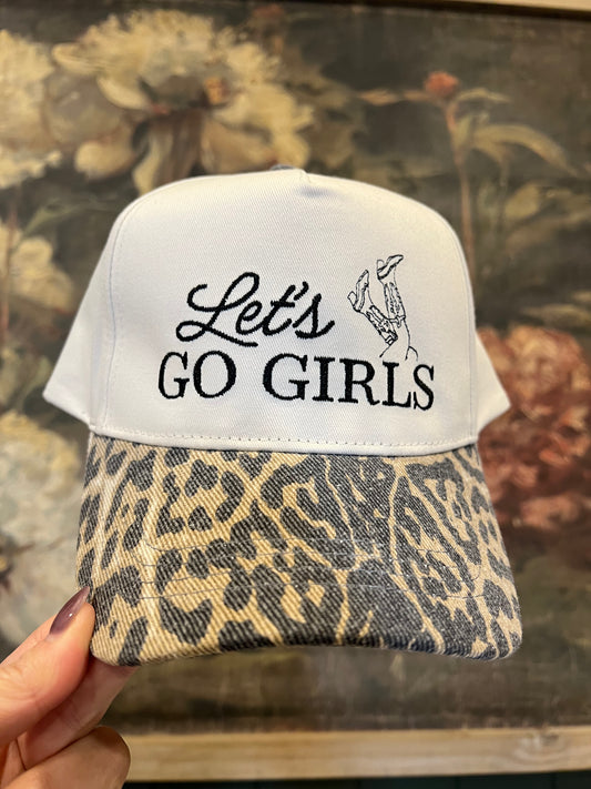 Lets go girls with a pair of boots embroidered on the front of a leopard print brim hat