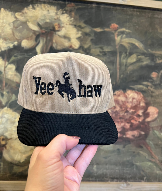 Cap with 'Yee haw' text held in front of a floral painting