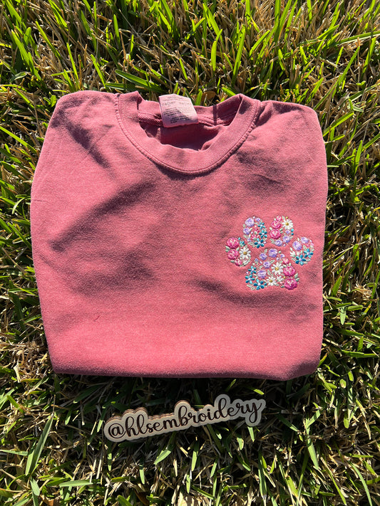 Floral Paw — Left Chest Embroidered Tee or Crewneck