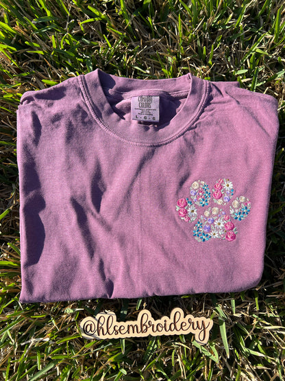 Floral Paw — Left Chest Embroidered Tee or Crewneck