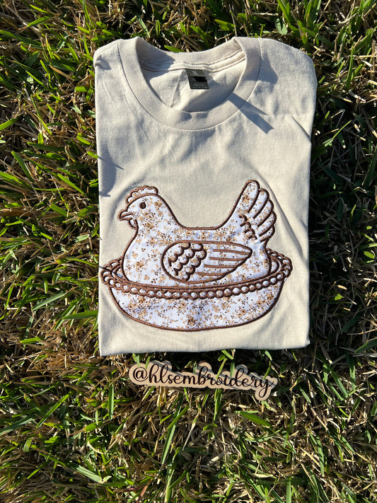 Floral Hen — Appliqué Embroidered Tee or Crewneck