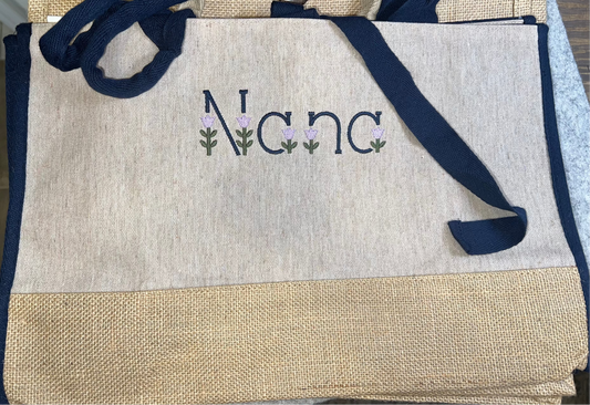 Mama wording in tulip embroidery font on the front of the tote bag